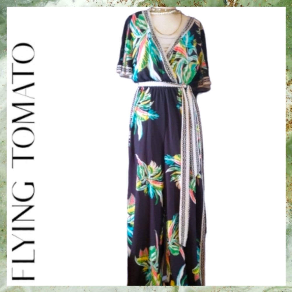 Tropical Floral Design Wide Leg Jumpsuit with Belt, L